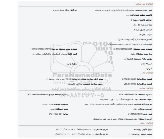مزایده، مزایده ادوات کشاورزی شهرستان هلیلان