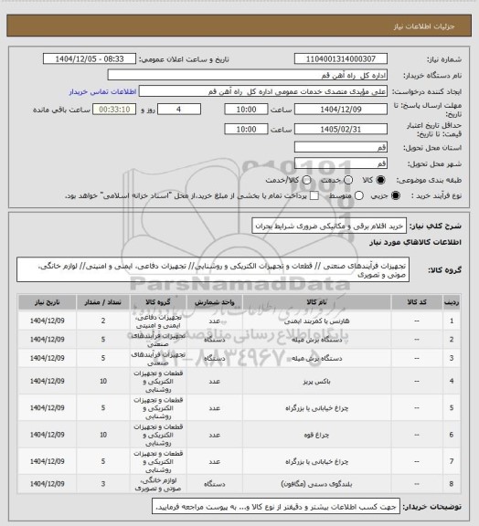 استعلام خرید اقلام برقی و مکانیکی ضروری شرایط بحران