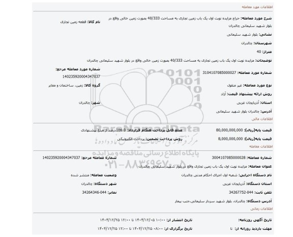مزایده، مزایده نوبت اول یک باب زمین تجاری به مساحت 40/333 بصورت زمین خالی واقع در بلوار شهید سلیمانی چالدران