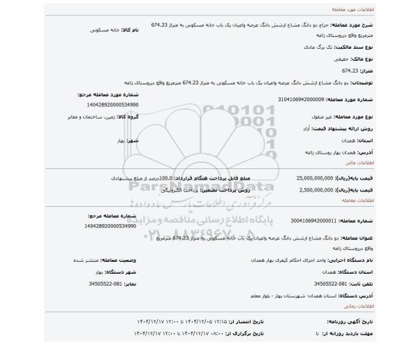 مزایده، دو دانگ مشاع ازشش دانگ عرصه واعیان یک باب خانه مسکونی به متراژ 674.23 مترمربع واقع درروستای زاغه