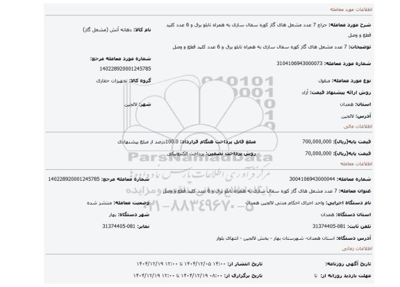 مزایده، 7 عدد مشعل های گاز کوره سفال سازی به همراه تابلو برق و 6 عدد کلید قطع و وصل