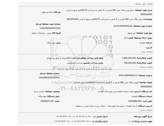 مزایده، روش پلاک ثبتی 283 فرعی از 4 اصلی به مساحت 220/75متر مربع به ارزش 3850000000