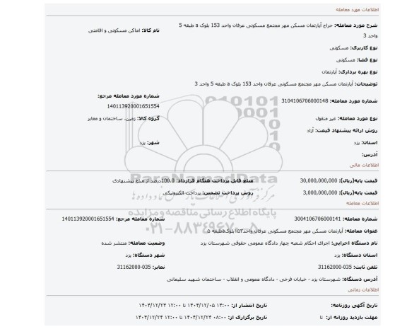 مزایده، آپارتمان مسکن مهر مجتمع مسکونی عرفان واحد 153 بلوک a طبقه 5 واحد 3