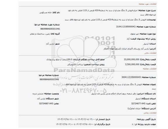 مزایده، فروش 3 دانگ مشاع از سند به شماره4314 فرعی از  115 اصلی به نام داود ایزدخواه فاقد سند