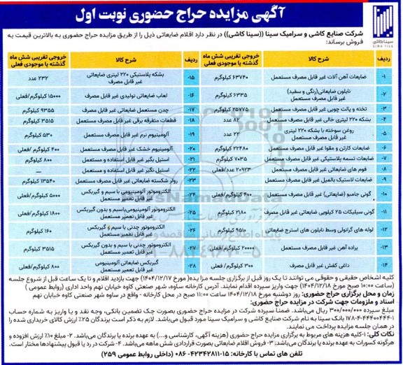 مزایده حراج حضوری اقلام ضایعاتی... 