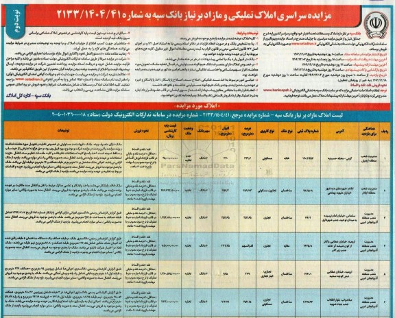 مزایده فروش املاک تملیکی و مازاد - نوبت دوم