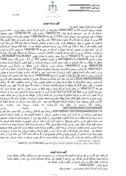 مزایده ششدانگ یک دستگاه خودروی سواری هاچ بک چری