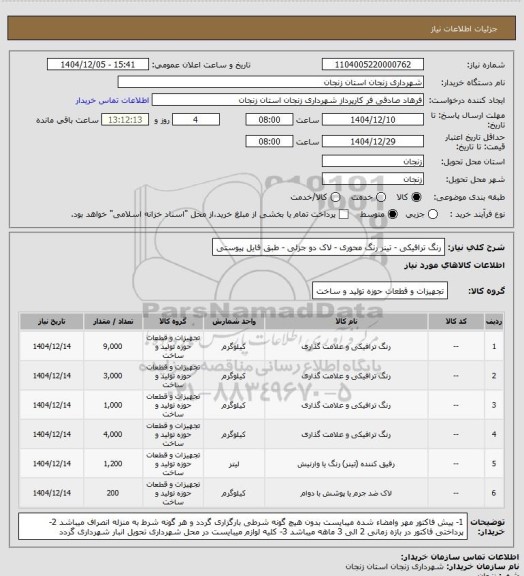 استعلام رنگ ترافیکی - تینر رنگ محوری - لاک دو جزئی - طبق فایل پیوستی