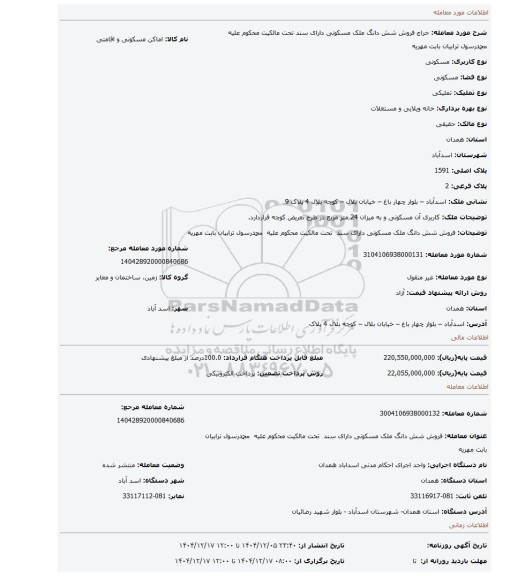 مزایده، فروش شش دانگ ملک مسکونی دارای سند  تحت مالکیت محکوم علیه  محمدرسول ترابیان بابت مهریه