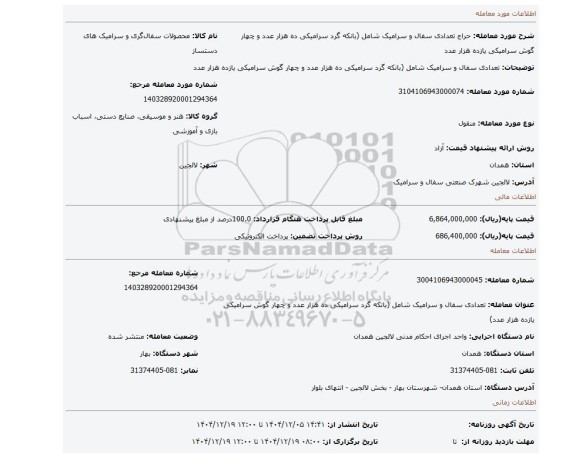 مزایده، تعدادی سفال و سرامیک شامل (بانکه گرد سرامیکی  ده هزار عدد و چهار گوش سرامیکی یازده هزار عدد