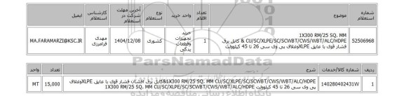 استعلام  1X300 RM/25 SQ. MM CU/SC/XLPE/SC/SCWBT/CWS/WBT/ALC/HDPE & کابل برق فشار قوی با عایق XLPEوغلاف پی وی سی 26 تا 45 کیلوولت