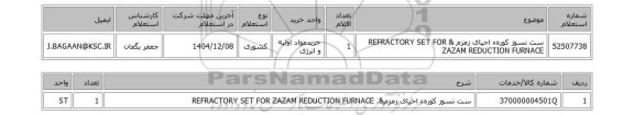 استعلام ست نسوز کورهء احیای زمزم & REFRACTORY SET FOR ZAZAM REDUCTION FURNACE