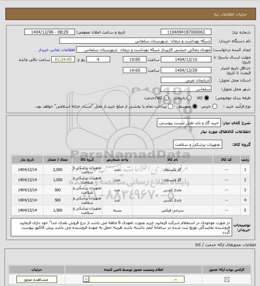 استعلام خرید گاز و باند طبق لیست پیوستی