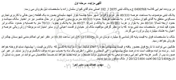 مزایده یک قطعه زمین خالی با کاربری تجاری مسکونی
