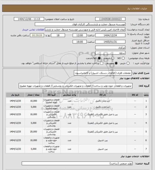 استعلام ملحقات فلزی (کلاهک، دستک، اشپیل) و گالوانیزاسیون