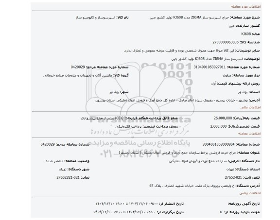 مزایده، اسپرسو ساز ZIGMA مدل KJ60B تولید کشور چین