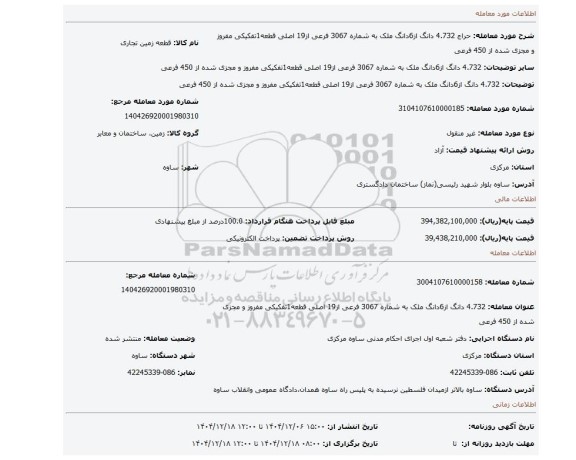 مزایده، 4.732 دانگ از6دانگ ملک به شماره 3067 فرعی از19 اصلی قطعه1تفکیکی مفروز و مجزی شده از 450 فرعی