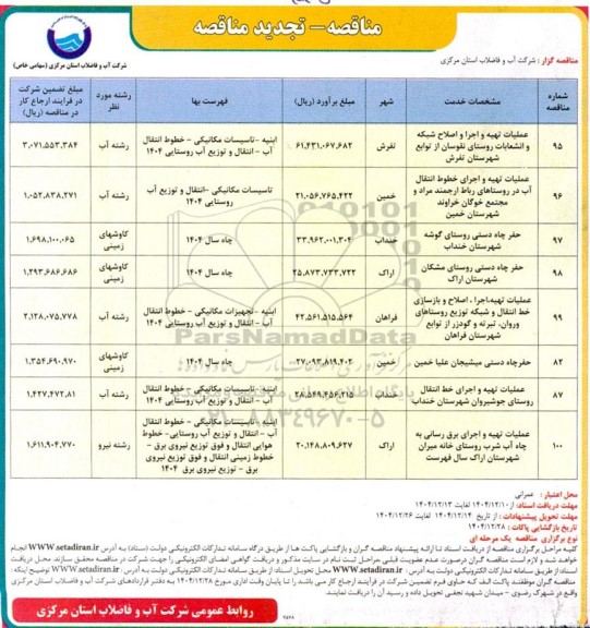 مناقصه عملیات تهیه و اجرا و اصلاح شبکه و انشعابات روستا....