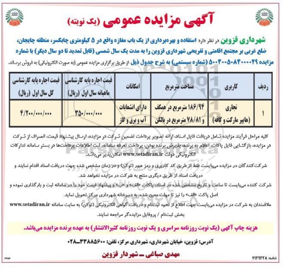 مزایده استفاده و بهره برداری از یک باب مغازه