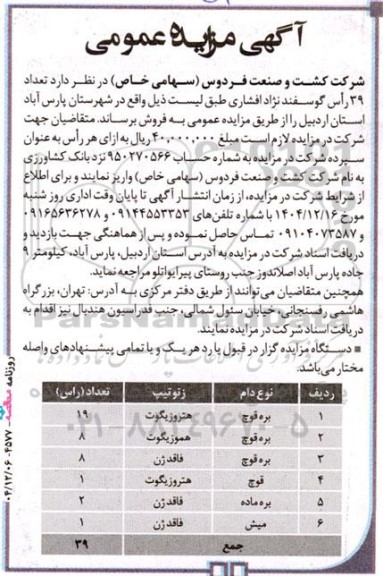 مزایده تعداد 39 راس گوسفند نژاد افشاری