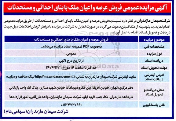 مزایده فروش عرصه و اعیان ملک با بنای احداثی و مستحدثات