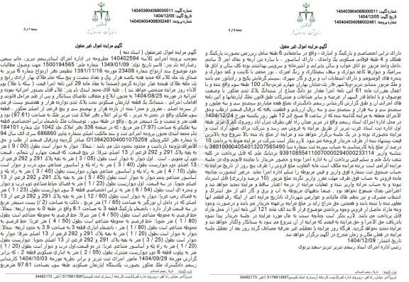 مزایده ششدانگ یک قطعه آپارتمان مسکونی 