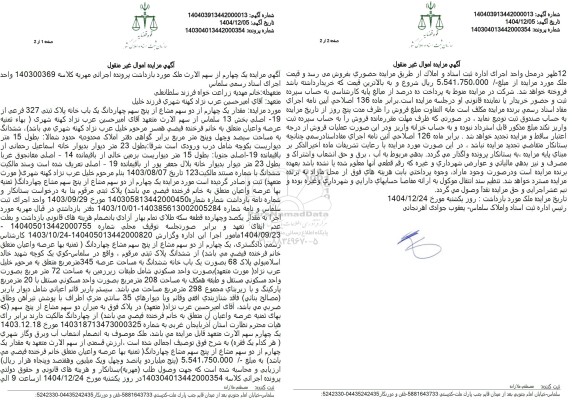 مزایده مقدار یک چهارم از دو سهم مشاع از پنج سهم چهاردانگ یک باب خانه پلاک ثبتی 327 فرعی از 19 اصلی