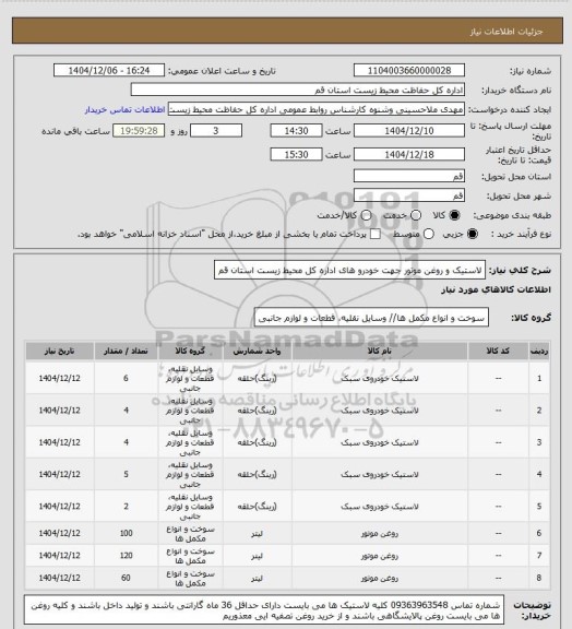 استعلام لاستیک و روغن موتور جهت خودرو های اداره کل محیط زیست استان قم