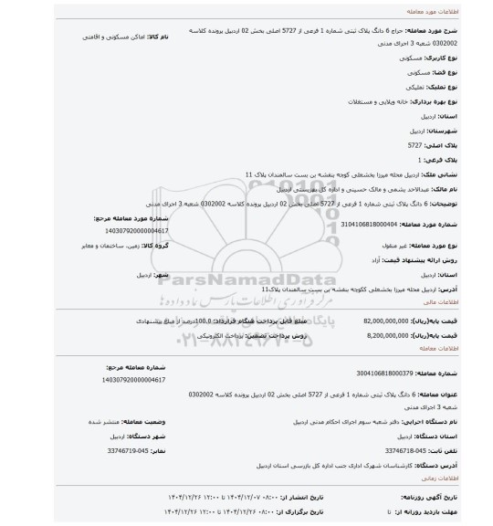 مزایده، 6 دانگ پلاک ثبتی شماره 1 فرعی از 5727 اصلی بخش 02 اردبیل پرونده کلاسه 0302002 شعبه 3 اجرای مدنی