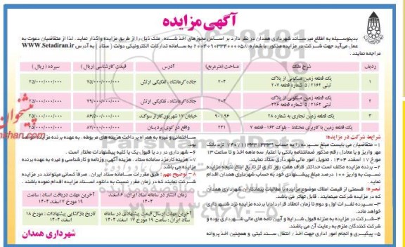 مزایده یک قطعه زمین مسکونی از پلاک ثبتی 5.2162 شماره قطعه 207...