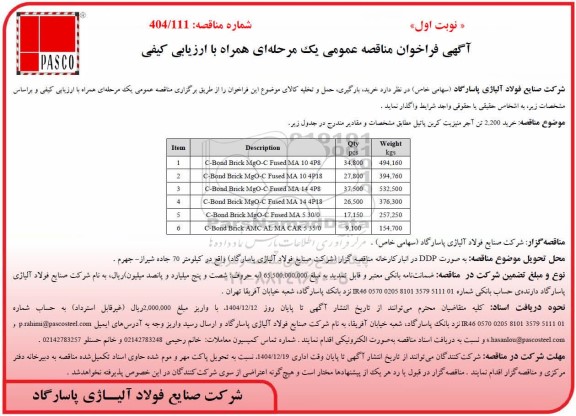 مناقصه عمومی خرید 2.200 تن آجر منیزیت کربن پاتل