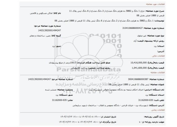 مزایده،  1 دانگ و 5882 ده هزارم دانگ مشاع از 2 دانگ مشاع از 6 دانگ ثبتی پلاک 11 فرعی از 1880 اصلی بخش 08