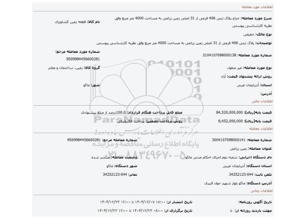 مزایده، پلاک ثبتی 406 فرعی از 31 اصلی زمین زراعی  به مساحت 4000 متر مربع وفق نظریه کارشناسی پیوستی