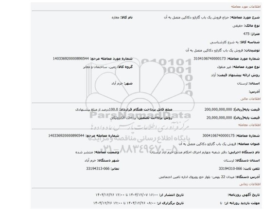 مزایده، فروش یک باب گاراژو دکاکین متصل به آن