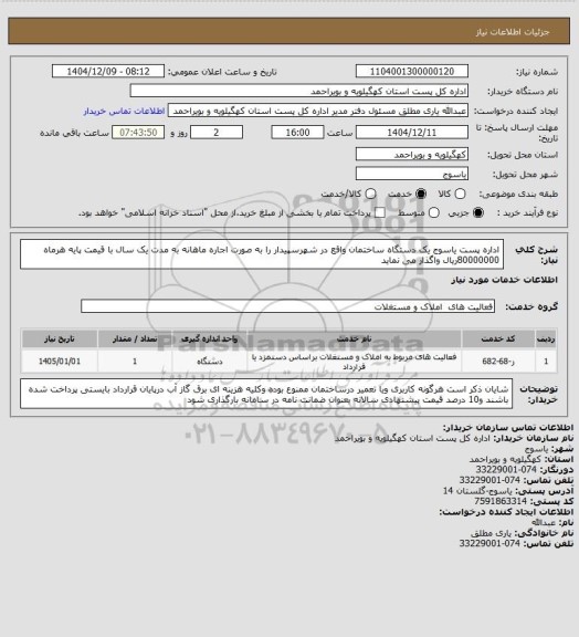 استعلام اداره پست  یاسوج یک دستگاه ساختمان  واقع در شهرسپیدار را به صورت اجاره ماهانه  به مدت یک سال با قیمت پایه  هرماه 80000000ریال  واگذار می نماید