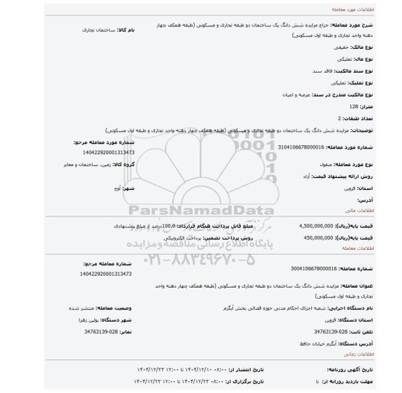 مزایده، مزایده شش دانگ یک ساختمان دو طبقه تجاری و مسکونی (طبقه همکف چهار دهنه واحد تجاری و طبقه اول مسکونی)
