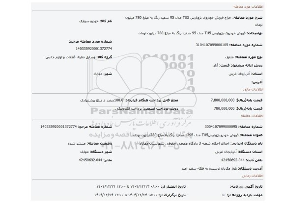 مزایده، فروش خودروی پژوپارس TU5 مدل 95 سفید رنگ به مبلغ 780 میلیون تومان