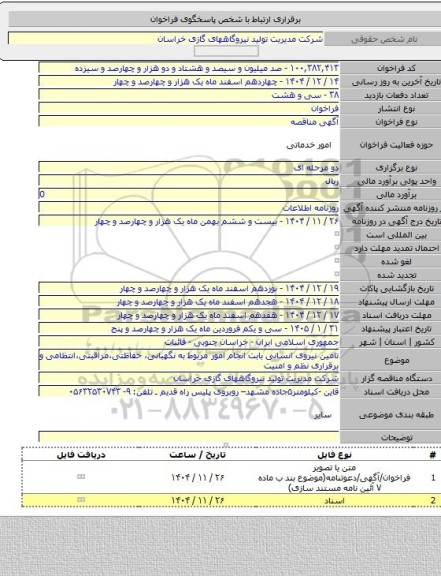 مناقصه, تامین نیروی انسانی بابت انجام امور مربوط به نگهبانی، حفاظتی،مراقبتی،انتظامی و برقراری نظم و امنیت
