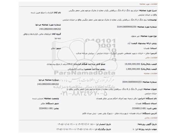 مزایده، پنج دانگ از 6 دانگ سرقفلی یکباب مغازه از ماترک مرحوم علی جعفر چگینی واقع در خیابان صارمی