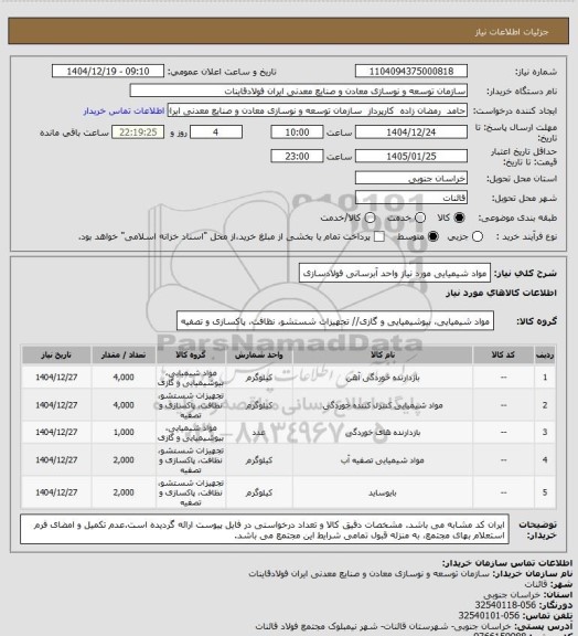 استعلام مواد شیمیایی مورد نیاز واحد آبرسانی فولادسازی