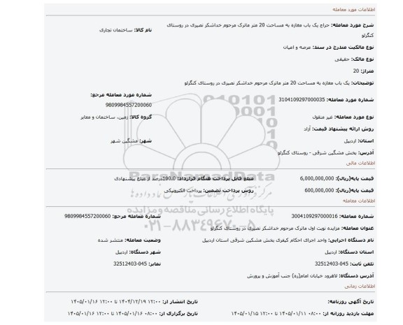 مزایده، یک باب مغازه به مساحت 20 متر ماترک مرحوم خداشکر نصیری در روستای کنگرلو