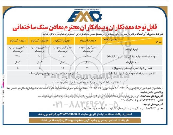  مناقصه و مزایده‌ های پیمانکاری در مناطق معدن سنگ تراورتن آتشکوه
