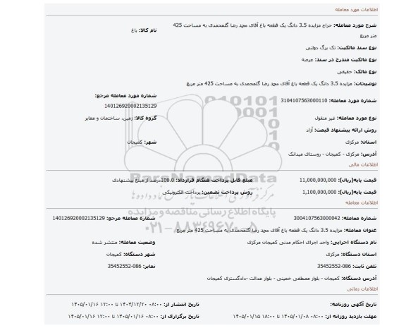 مزایده، مزایده 3.5 دانگ یک قطعه باغ آقای محمد رضا گلمحمدی به مساحت 425 متر مربع