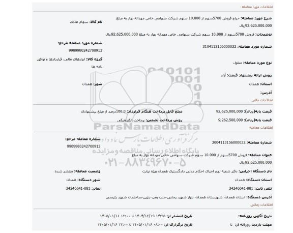 مزایده، فروش 5700سهم از 10.000 سهم شرکت سهامی خاص مهدانه بهار به مبلغ 92.625.000.000ریال
