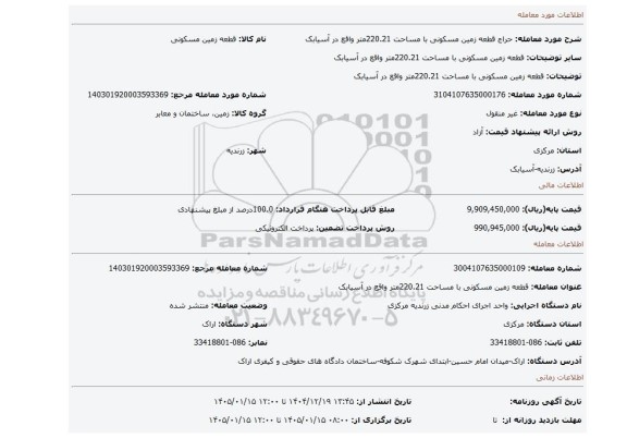 مزایده، قطعه زمین مسکونی با مساحت 220.21متر واقع در آسیابک