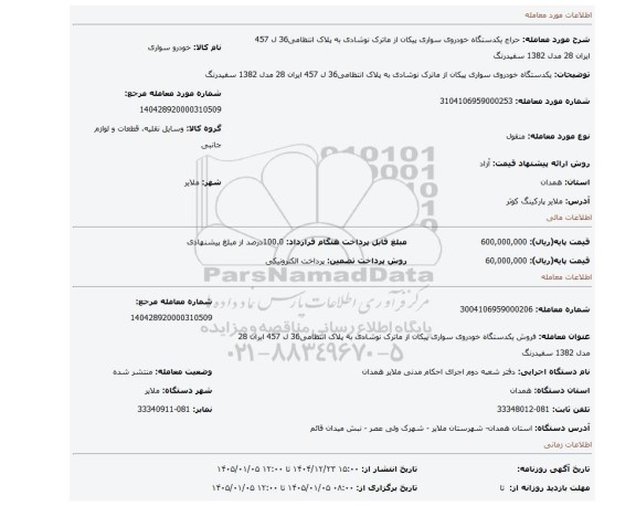 مزایده، یکدستگاه خودروی سواری پیکان از ماترک نوشادی به پلاک انتظامی36 ل 457 ایران 28 مدل 1382 سفیدرنگ