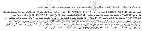مزایده سه دانگ مشاع از شش دانگ زمین به مساحت کلی 170 متر مربع