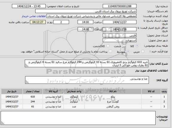 استعلام خرید 610 کیلوگرم برنج کامفیروزی 61 بسته 10 کیلوگرمی و 244 کیلوگرم مرغ سالیذ 61 بسته 4 کیلوگرمی و 61 بطری روغن خوراکی 3 لیتری