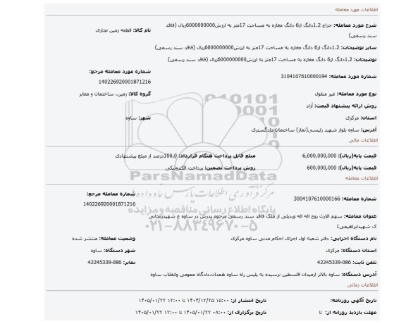 مزایده، 1.2دانگ از6 دانگ مغازه به مساحت 17متر به ارزش6000000000ریال (فاقد سند رسمی)