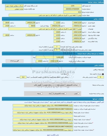 مزایده ، فروش 4  قطعه زمین با کاربری مسکونی با تراکم کم در شهر جدید رامین  -مزایده زمین  - استان خوزستان
